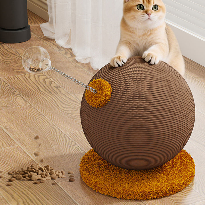 Moderner kreativer zylindrisch-kugelförmiger Katzenkratzbaum aus Hanfseil, Samt, Stahl und MDF mit Spielball für das Wohnzimmer 