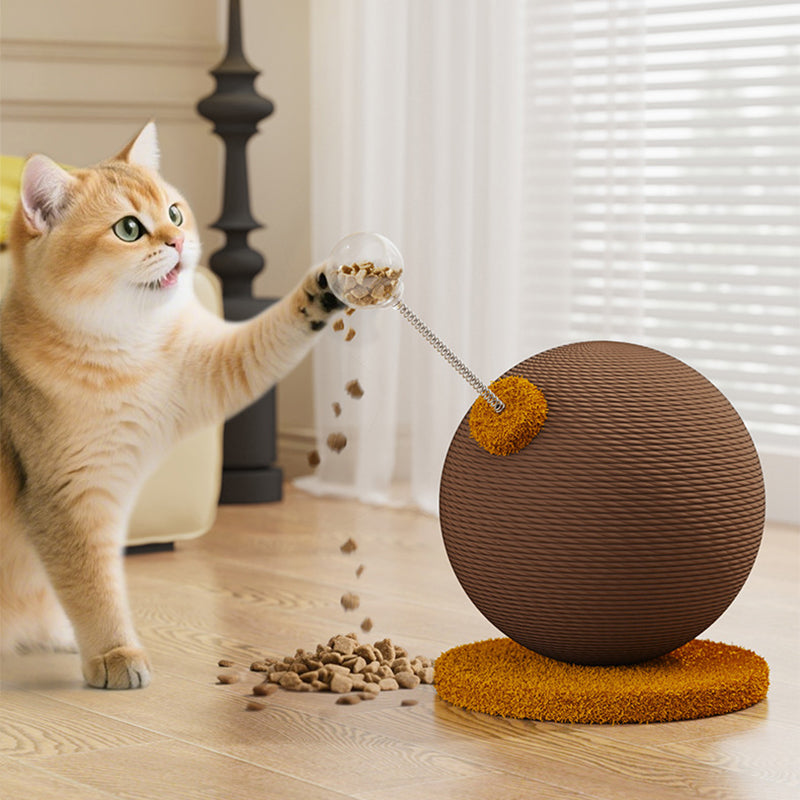 Moderner kreativer zylindrisch-kugelförmiger Katzenkratzbaum aus Hanfseil, Samt, Stahl und MDF mit Spielball für das Wohnzimmer 