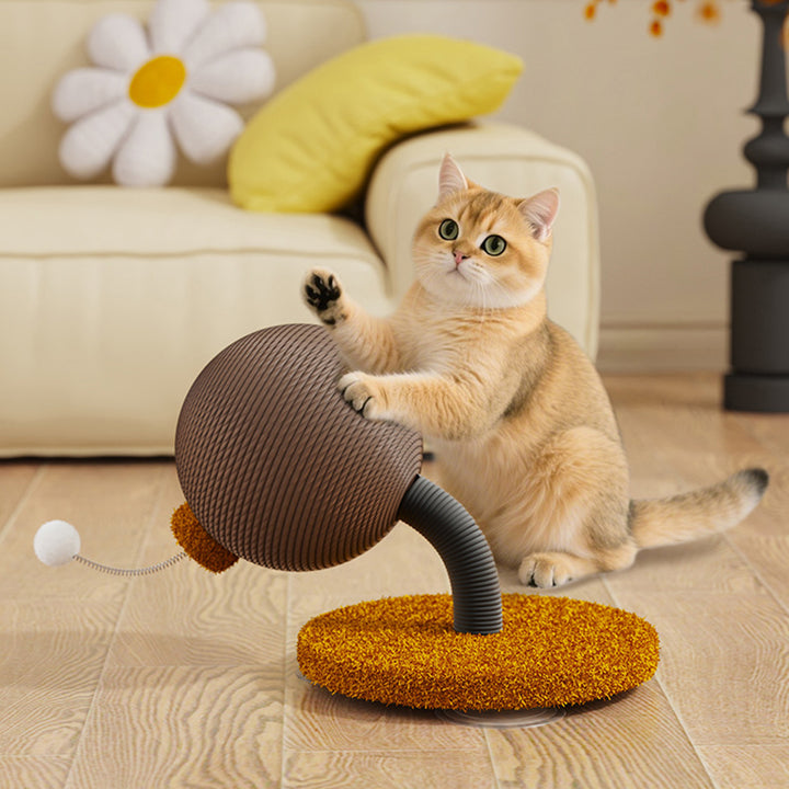 Moderner kreativer zylindrisch-kugelförmiger Katzenkratzbaum aus Hanfseil, Samt, Stahl und MDF mit Spielball für das Wohnzimmer 