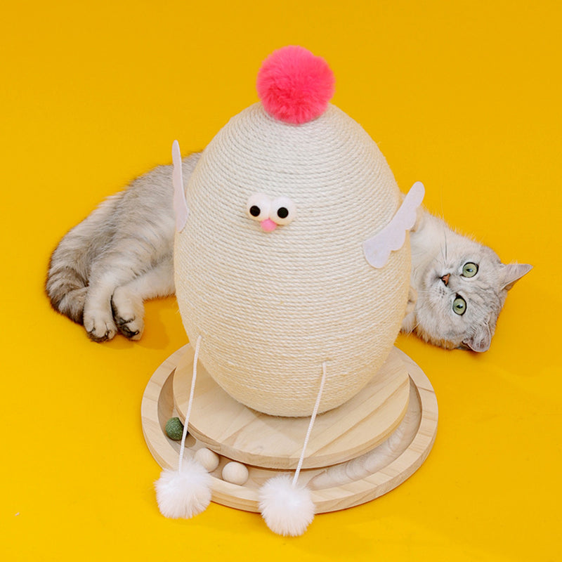 Contemporary Creative Cylindrical Chicken-Shaped Hemp Rope Medium Density Fiberboard Rotating Cat Scratching Post With Toy Ball For Living Room