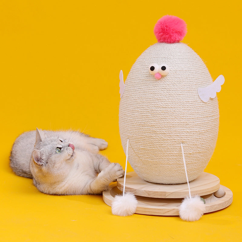 Contemporary Creative Cylindrical Chicken-Shaped Hemp Rope Medium Density Fiberboard Rotating Cat Scratching Post With Toy Ball For Living Room