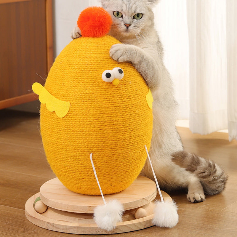 Contemporary Creative Cylindrical Chicken-Shaped Hemp Rope Medium Density Fiberboard Rotating Cat Scratching Post With Toy Ball For Living Room
