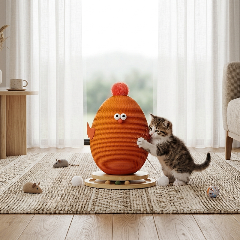 Contemporary Creative Cylindrical Chicken-Shaped Hemp Rope Medium Density Fiberboard Rotating Cat Scratching Post With Toy Ball For Living Room