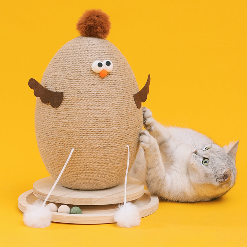 Contemporary Creative Cylindrical Chicken-Shaped Hemp Rope Medium Density Fiberboard Rotating Cat Scratching Post With Toy Ball For Living Room
