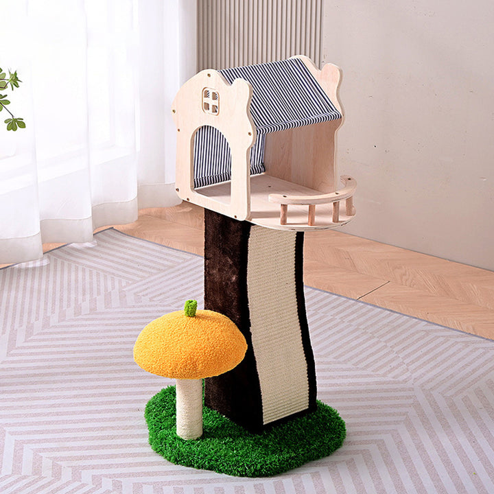 Contemporary Creative Cylindrical Mushroom-Shaped Sisal Fabric Velvet Medium Density Fiberboard Cat Tree &amp; Condo 1-Scratching Post 1-Condo For Living Room