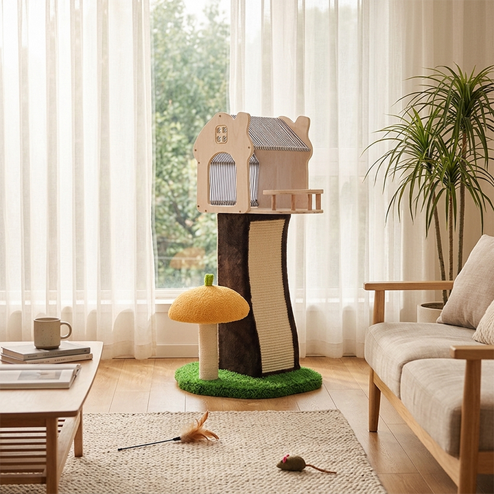 Contemporary Creative Cylindrical Mushroom-Shaped Sisal Fabric Velvet Medium Density Fiberboard Cat Tree &amp; Condo 1-Scratching Post 1-Condo For Living Room