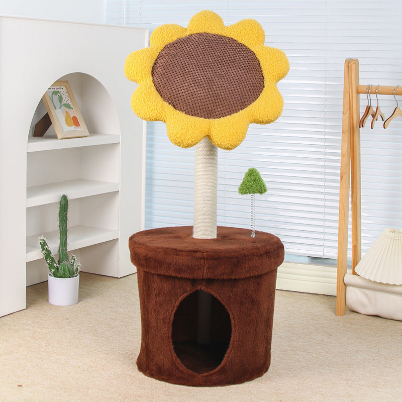Contemporary Creative Sunflower-Shaped Teddy Fleece Corduroy Velvet Medium Density Fiberboard Sisal Cat Bed With Toy For Bedroom