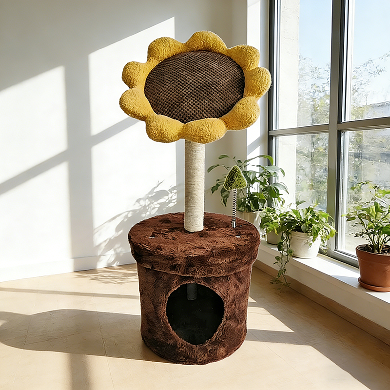 Contemporary Creative Sunflower-Shaped Teddy Fleece Corduroy Velvet Medium Density Fiberboard Sisal Cat Bed With Toy For Bedroom