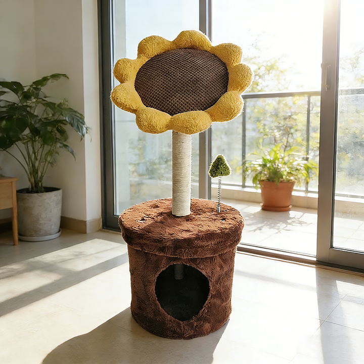 Contemporary Creative Sunflower-Shaped Teddy Fleece Corduroy Velvet Medium Density Fiberboard Sisal Cat Bed With Toy For Bedroom
