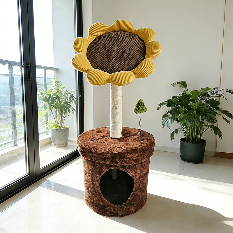 Contemporary Creative Sunflower-Shaped Teddy Fleece Corduroy Velvet Medium Density Fiberboard Sisal Cat Bed With Toy For Bedroom