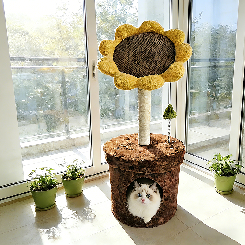 Contemporary Creative Sunflower-Shaped Teddy Fleece Corduroy Velvet Medium Density Fiberboard Sisal Cat Bed With Toy For Bedroom