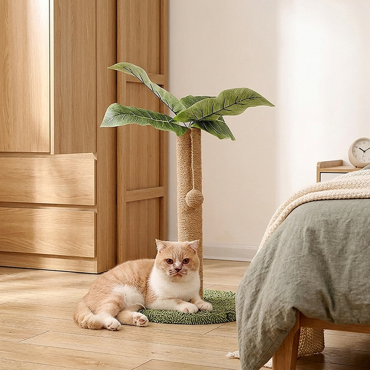 Rascador para gatos contemporáneo y creativo con forma de árbol, de cuerda de yute, plástico, felpa tipo teddy, tablero de fibra de densidad media y tubo de papel, con pelota de juguete, para sala de estar 
