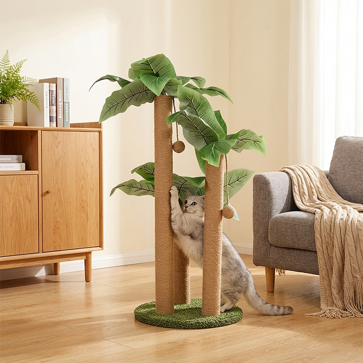 Rascador para gatos contemporáneo y creativo con forma de árbol, de cuerda de yute, plástico, felpa tipo teddy, tablero de fibra de densidad media y tubo de papel, con pelota de juguete, para sala de estar 