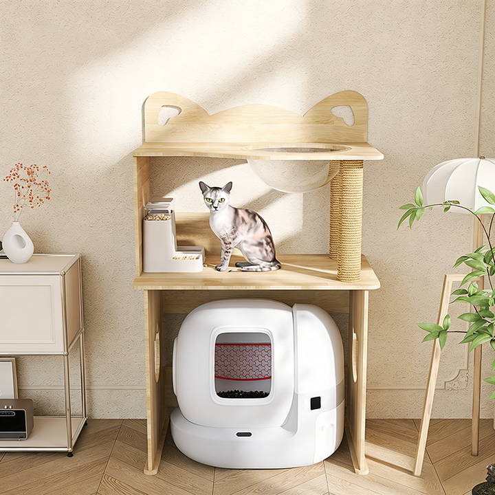 Contemporary Creative Rectangular Rubberwood Acrylic Jute Rope Cat Tree & Condo 1-Condo 2-Scratching Post For Living Room