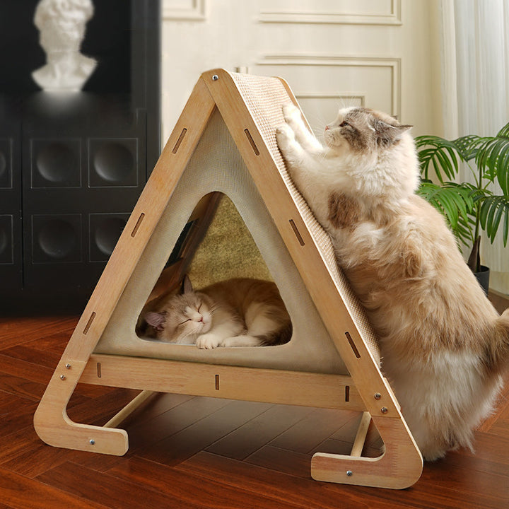Cama para Gato Contemporánea Nórdica de Forma de Arco Triangular de Cuerda de Cáñamo, Tablero de Fibra de Densidad Media y Terciopelo de Algodón y Lino para Dormitorio 