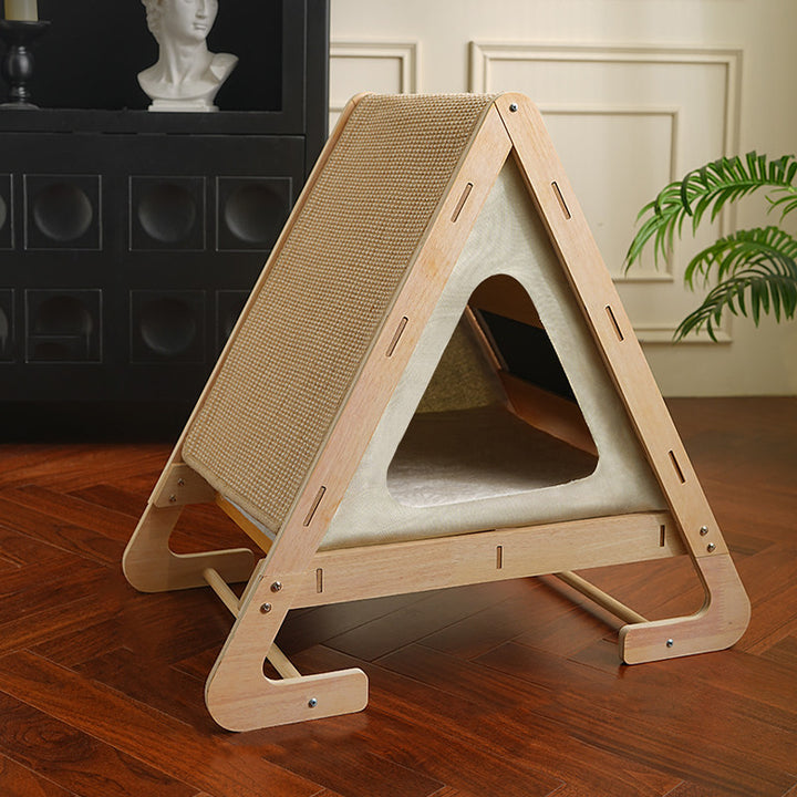 Cama para Gato Contemporánea Nórdica de Forma de Arco Triangular de Cuerda de Cáñamo, Tablero de Fibra de Densidad Media y Terciopelo de Algodón y Lino para Dormitorio 