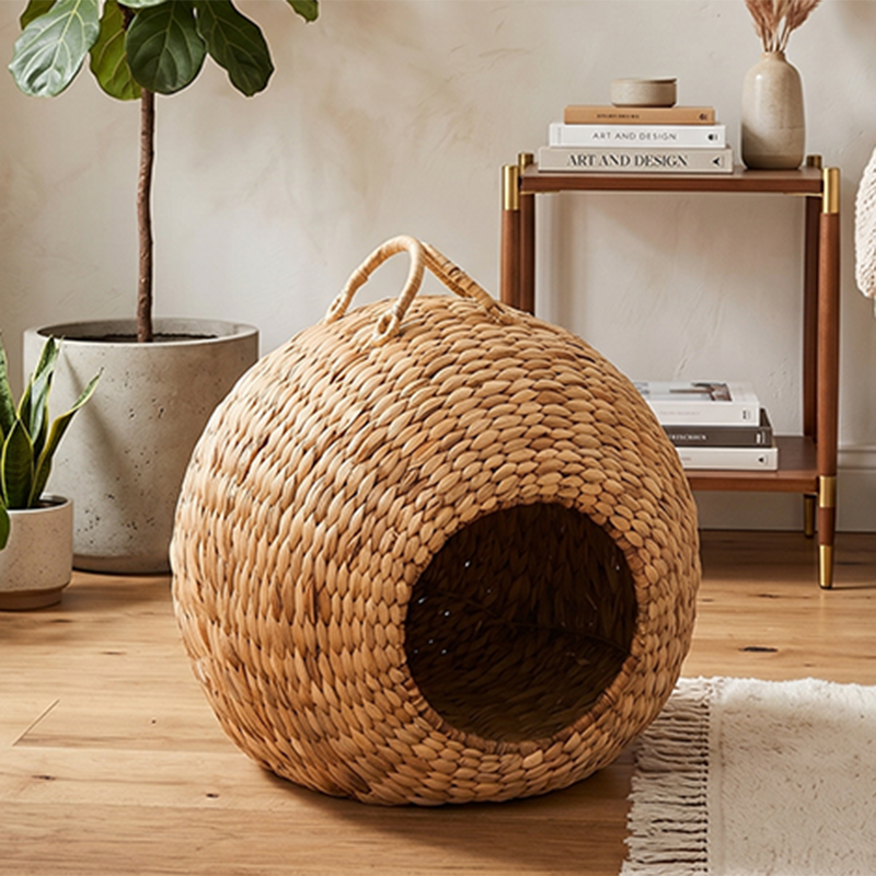 Contemporary Creative Round Natural Gourd Grass Iron Handle Woven Cat Bed For Bedroom