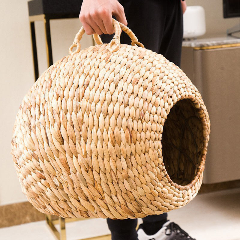 Contemporary Creative Round Natural Gourd Grass Iron Handle Woven Cat Bed For Bedroom