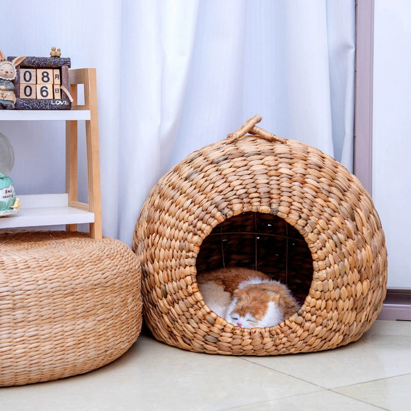 Contemporary Creative Round Natural Gourd Grass Iron Handle Woven Cat Bed For Bedroom