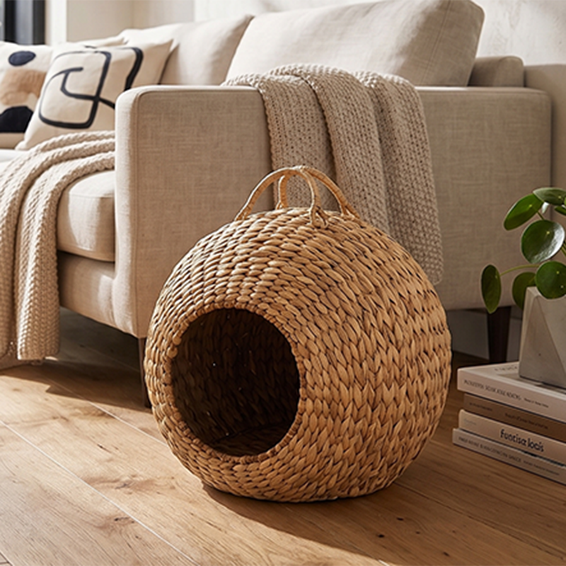 Contemporary Creative Round Natural Gourd Grass Iron Handle Woven Cat Bed For Bedroom