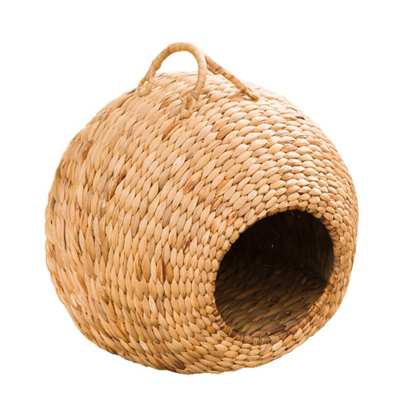 Contemporary Creative Round Natural Gourd Grass Iron Handle Woven Cat Bed For Bedroom