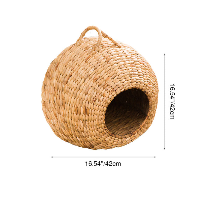 Contemporary Creative Round Natural Gourd Grass Iron Handle Woven Cat Bed For Bedroom