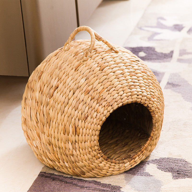 Contemporary Creative Round Natural Gourd Grass Iron Handle Woven Cat Bed For Bedroom