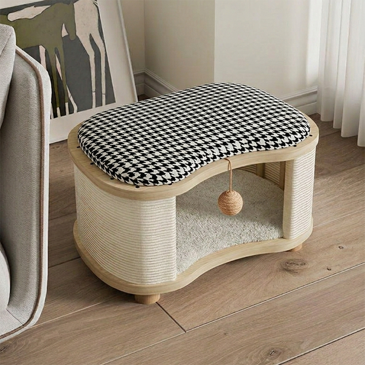 Lit pour chat ovale amovible en bois de pin minimaliste moderne, tissu lin et polaire teddy, avec 1 balle jouet pour salon et chambre 