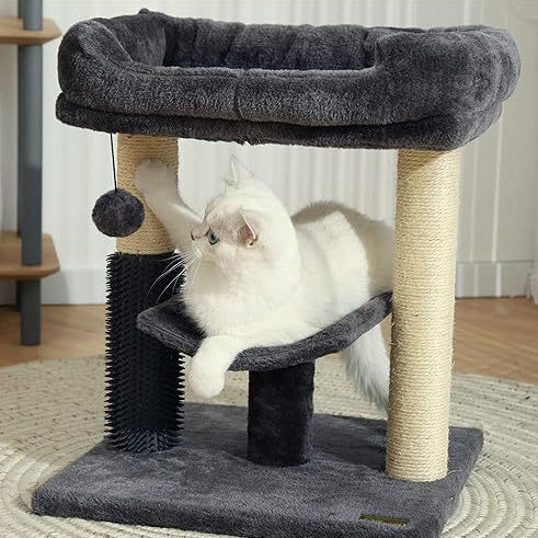Moderner minimalistischer MDF Samt Sisalseil rechteckiger Kratzbaum &amp; Katzenhaus 1-Katzenhaus 2-Kratzpfosten 1-Sitzstange für Wohnzimmer 