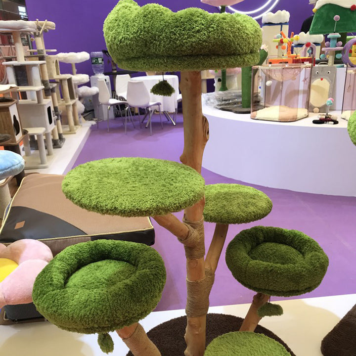 Zeitgenössischer kreativer Katzenbaum &amp; -Wohnungen aus Birkenholz-Spankern, Samt, Sisal, Eisen, rund, 3-Wohnungen, 3-Liegeflächen für das Wohnzimmer 