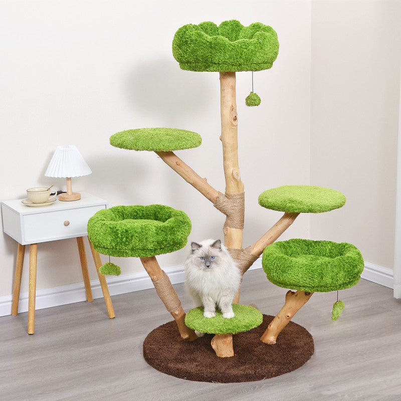Zeitgenössischer kreativer Katzenbaum &amp; -Wohnungen aus Birkenholz-Spankern, Samt, Sisal, Eisen, rund, 3-Wohnungen, 3-Liegeflächen für das Wohnzimmer 