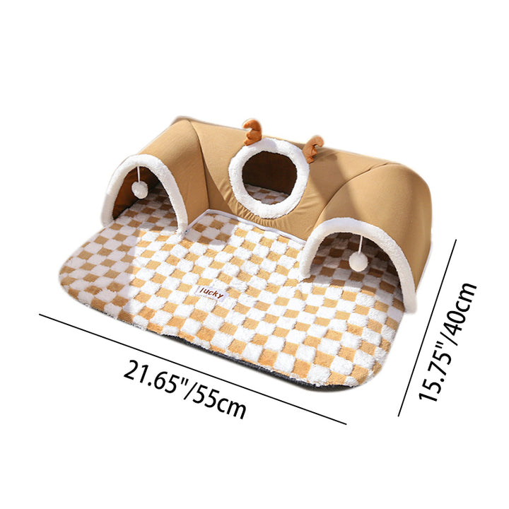 سرير قطط مستطيل الشكل بنفق من الفينيل المخملي القصير العصري والإبداعي، مع كرة لعب واحدة، لغرفة المعيشة والسرير 