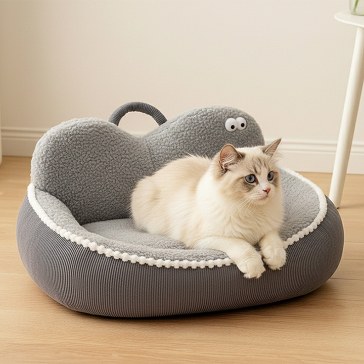Cama ovalada de gato de pana contemporánea de poliéster y PVC para sala de estar y dormitorio 