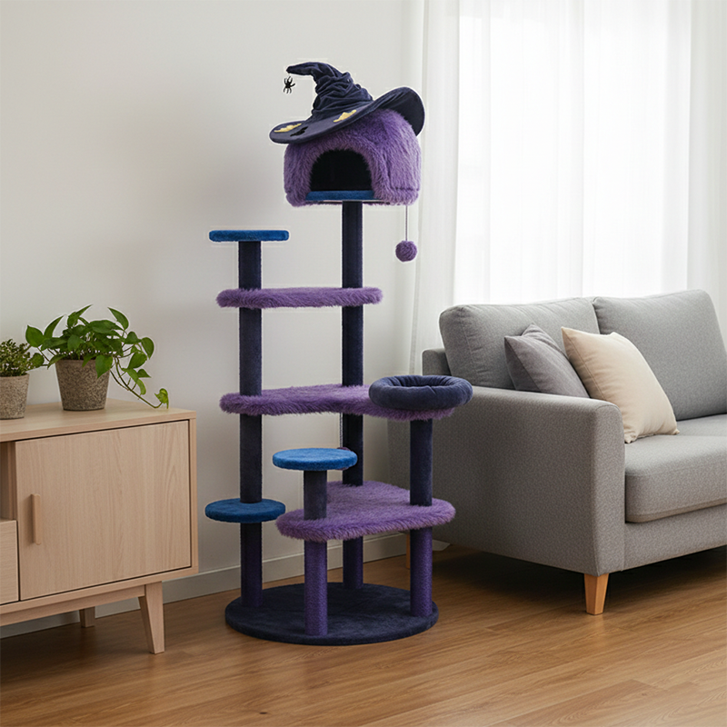 Zeitgenössischer kreativer Katzenbaum &amp; Condo in runder Hexenhut-Form aus MDF, Samt und Sisal, 2-Condo, 3/6-Liegeflächen, 4-Kratzstangen für das Wohnzimmer 