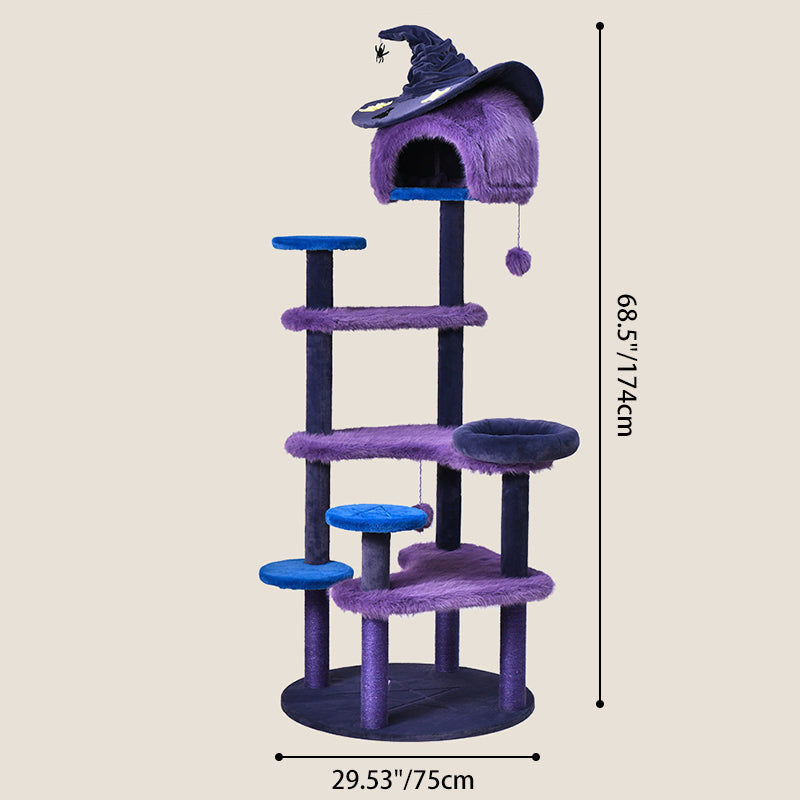 Zeitgenössischer kreativer Katzenbaum &amp; Condo in runder Hexenhut-Form aus MDF, Samt und Sisal, 2-Condo, 3/6-Liegeflächen, 4-Kratzstangen für das Wohnzimmer 