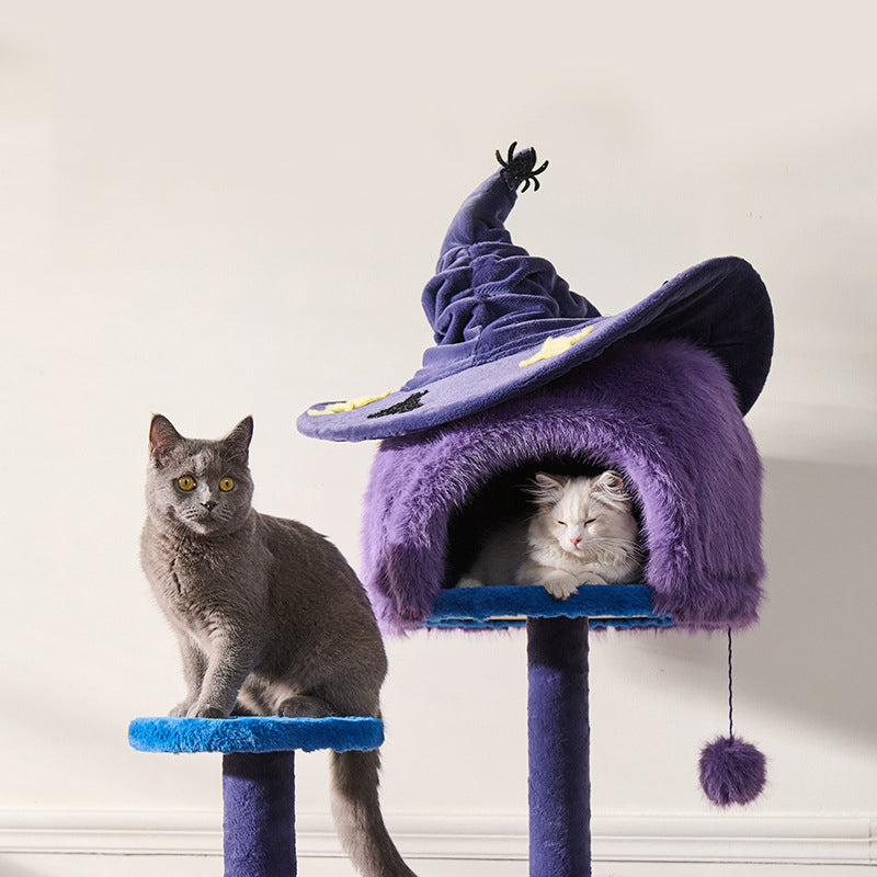 Zeitgenössischer kreativer Katzenbaum &amp; Condo in runder Hexenhut-Form aus MDF, Samt und Sisal, 2-Condo, 3/6-Liegeflächen, 4-Kratzstangen für das Wohnzimmer 