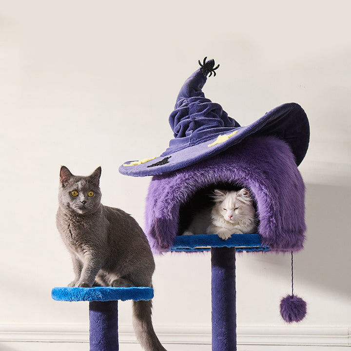 Zeitgenössischer kreativer Katzenbaum &amp; Condo in runder Hexenhut-Form aus MDF, Samt und Sisal, 2-Condo, 3/6-Liegeflächen, 4-Kratzstangen für das Wohnzimmer 