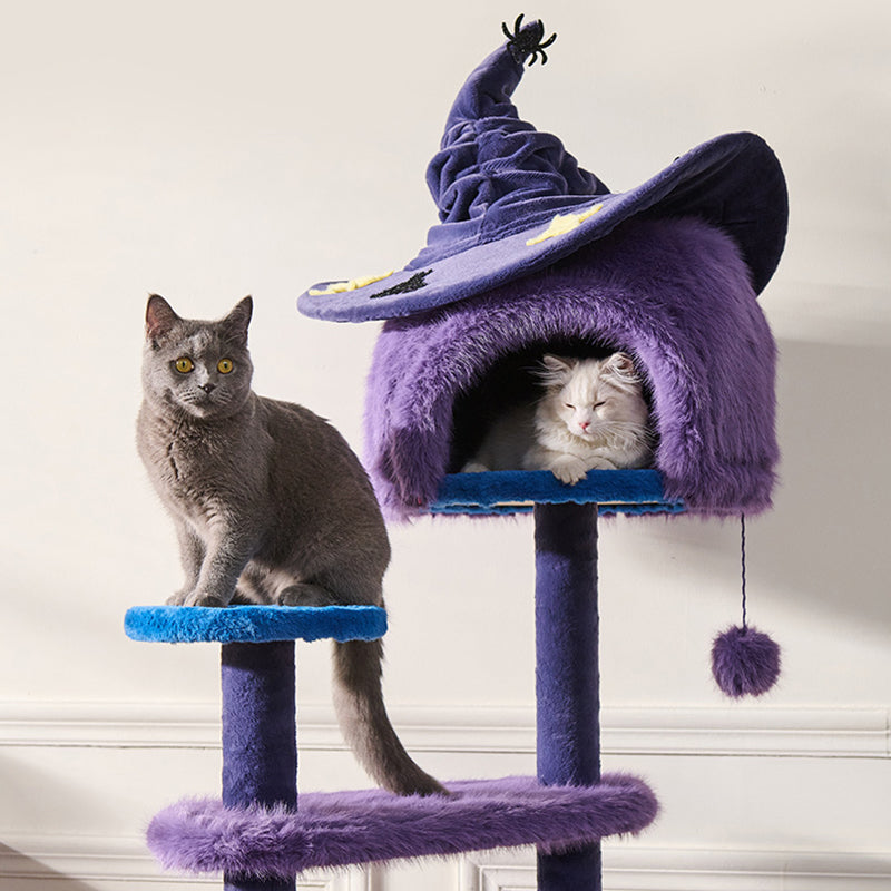 Zeitgenössischer kreativer Katzenbaum &amp; Condo in runder Hexenhut-Form aus MDF, Samt und Sisal, 2-Condo, 3/6-Liegeflächen, 4-Kratzstangen für das Wohnzimmer 