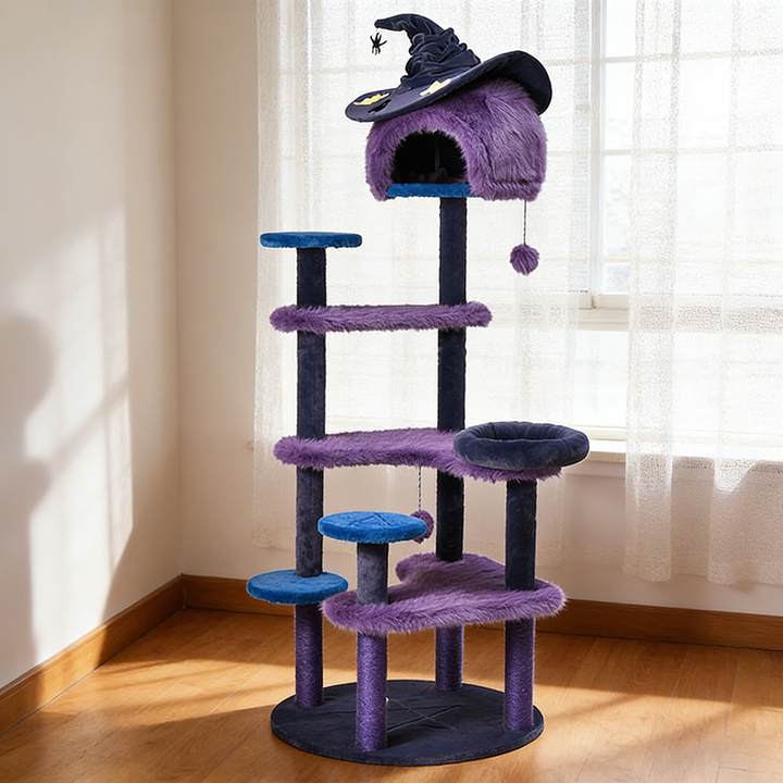 Zeitgenössischer kreativer Katzenbaum &amp; Condo in runder Hexenhut-Form aus MDF, Samt und Sisal, 2-Condo, 3/6-Liegeflächen, 4-Kratzstangen für das Wohnzimmer 