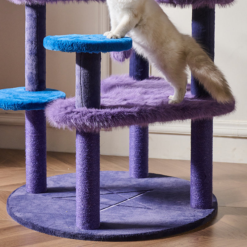 Zeitgenössischer kreativer Katzenbaum &amp; Condo in runder Hexenhut-Form aus MDF, Samt und Sisal, 2-Condo, 3/6-Liegeflächen, 4-Kratzstangen für das Wohnzimmer 