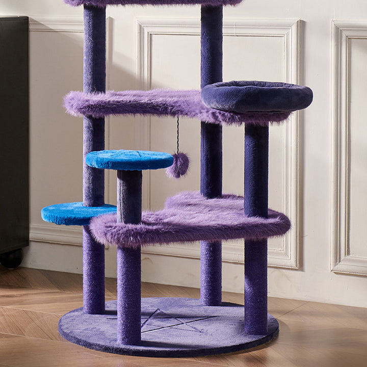 Zeitgenössischer kreativer Katzenbaum &amp; Condo in runder Hexenhut-Form aus MDF, Samt und Sisal, 2-Condo, 3/6-Liegeflächen, 4-Kratzstangen für das Wohnzimmer 