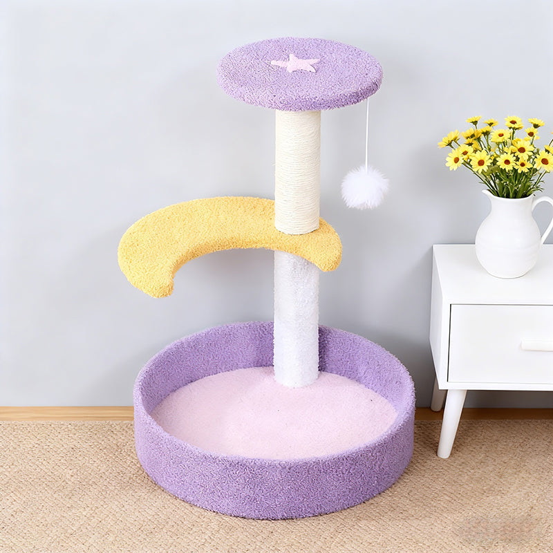 Contemporary Creative Teddy Fleece Sisal MDF Round Moon &amp; Star Cat Trees &amp; Condos 2-Perch For Living Room