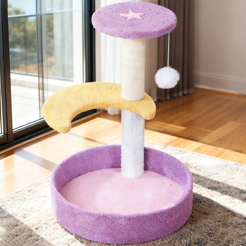Contemporary Creative Teddy Fleece Sisal MDF Round Moon &amp; Star Cat Trees &amp; Condos 2-Perch For Living Room
