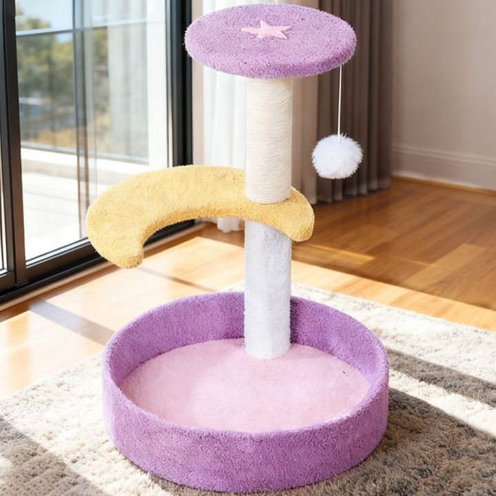 Contemporary Creative Teddy Fleece Sisal MDF Round Moon &amp; Star Cat Trees &amp; Condos 2-Perch For Living Room