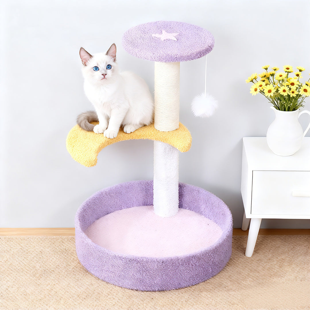 Contemporary Creative Teddy Fleece Sisal MDF Round Moon &amp; Star Cat Trees &amp; Condos 2-Perch For Living Room