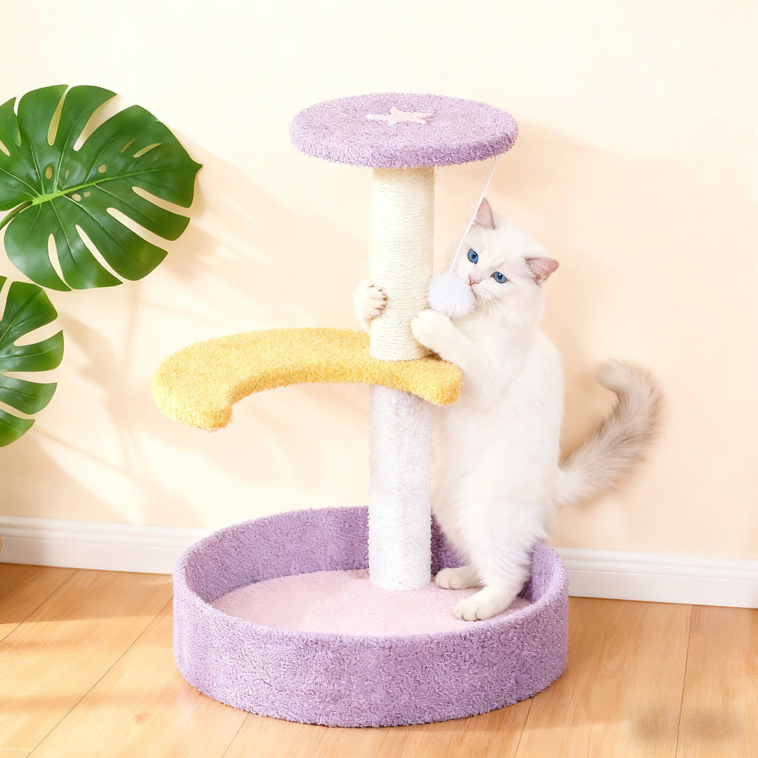 Contemporary Creative Teddy Fleece Sisal MDF Round Moon &amp; Star Cat Trees &amp; Condos 2-Perch For Living Room