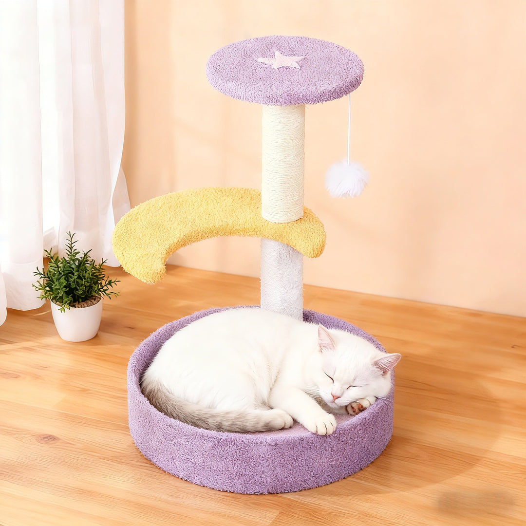 Contemporary Creative Teddy Fleece Sisal MDF Round Moon &amp; Star Cat Trees &amp; Condos 2-Perch For Living Room