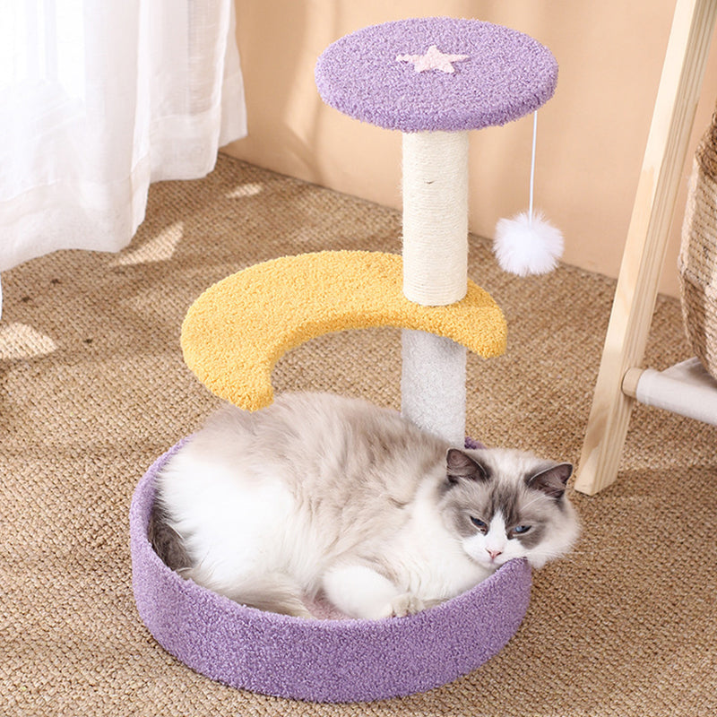 Contemporary Creative Teddy Fleece Sisal MDF Round Moon &amp; Star Cat Trees &amp; Condos 2-Perch For Living Room