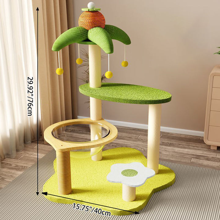 現代的なクリエイティブなベルベット、サイザル、アクリル、MDF、段ボールチューブの長方形の花型・ヤシの木型キャットツリー＆コンドミニアム 1-猫用コンドミニアム 2-止まり木 3-爪とぎポスト 4-おもちゃボール リビングルーム用 