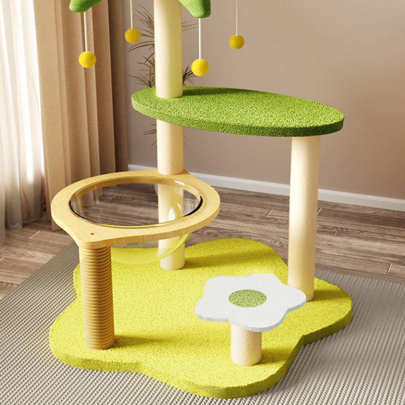 現代的なクリエイティブなベルベット、サイザル、アクリル、MDF、段ボールチューブの長方形の花型・ヤシの木型キャットツリー＆コンドミニアム 1-猫用コンドミニアム 2-止まり木 3-爪とぎポスト 4-おもちゃボール リビングルーム用 